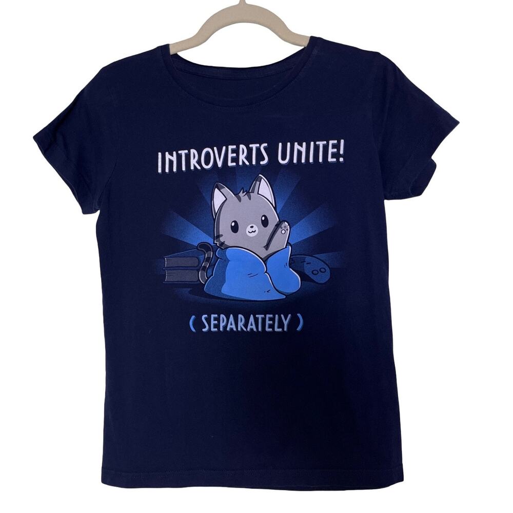 Teeturtle Introverts Unite Separately Cat Graphic T-Shirt Women’s S Navy Blue